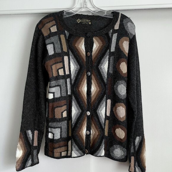 La Vicunita Peruvian Baby Alpaca Cardigan Sweater Size M Gray Multi Aztec Geo - Picture 13 of 15